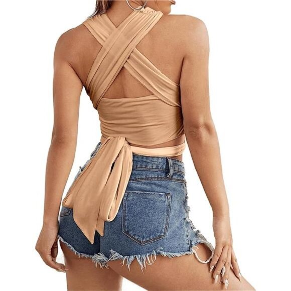 Khaki Multi Way Wrap‎ Halter Crop Top Backless Sexy Cutout Bandage Y2K Top - Picture 10 of 11